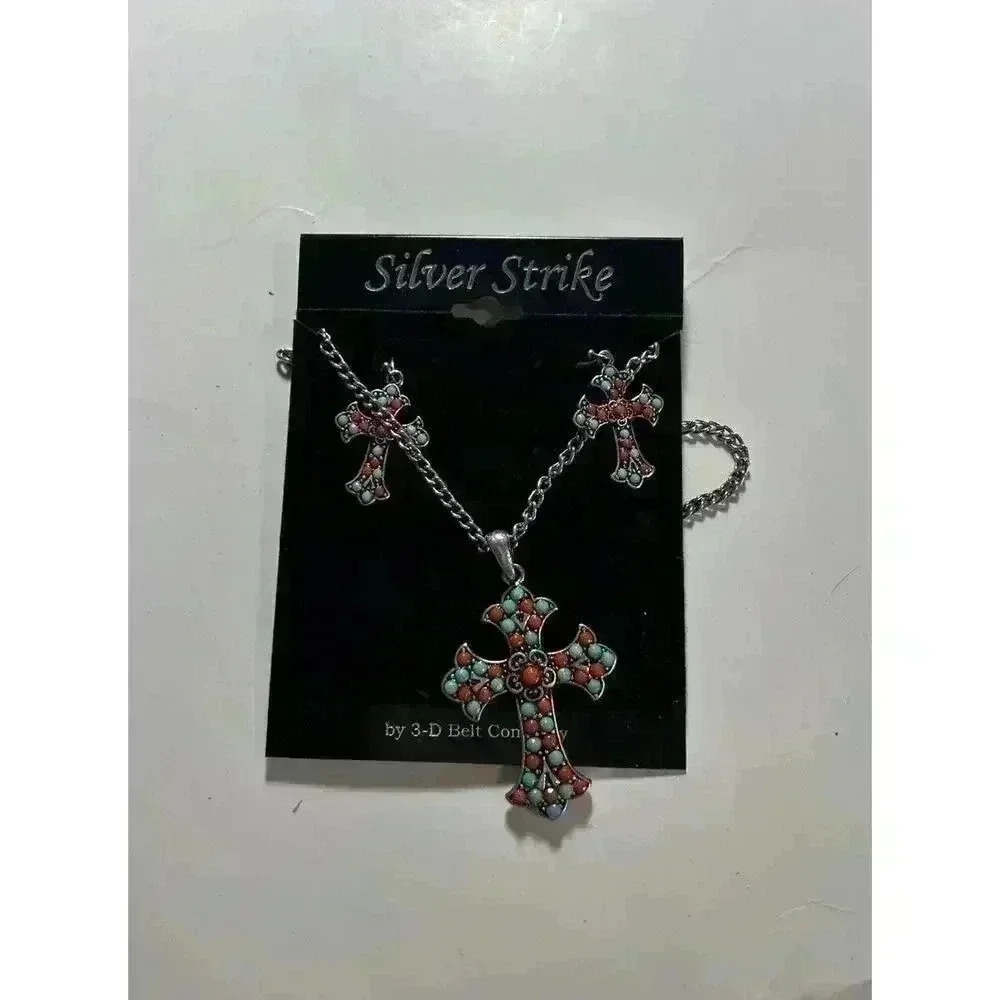 NWT Silver Strike 3-D Belt Company Turquoise Cross Earrings And Necklace Set - Picture 2 of 7